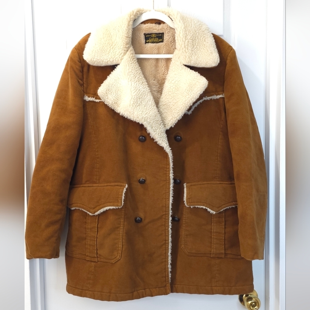 Vintage 70s Brown Faux Suede faux shearling And Sherpa Rancher Jacket L - Picture 7 of 11
